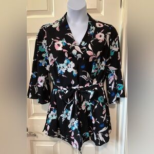 Lane Bryant Pink and Blue Floral V-neck Kimono Style Top with Bell Sleeves